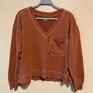 Pilcro The Montana Oversized V-Neck Knit Boho Sweatshirt in Rust Size Small